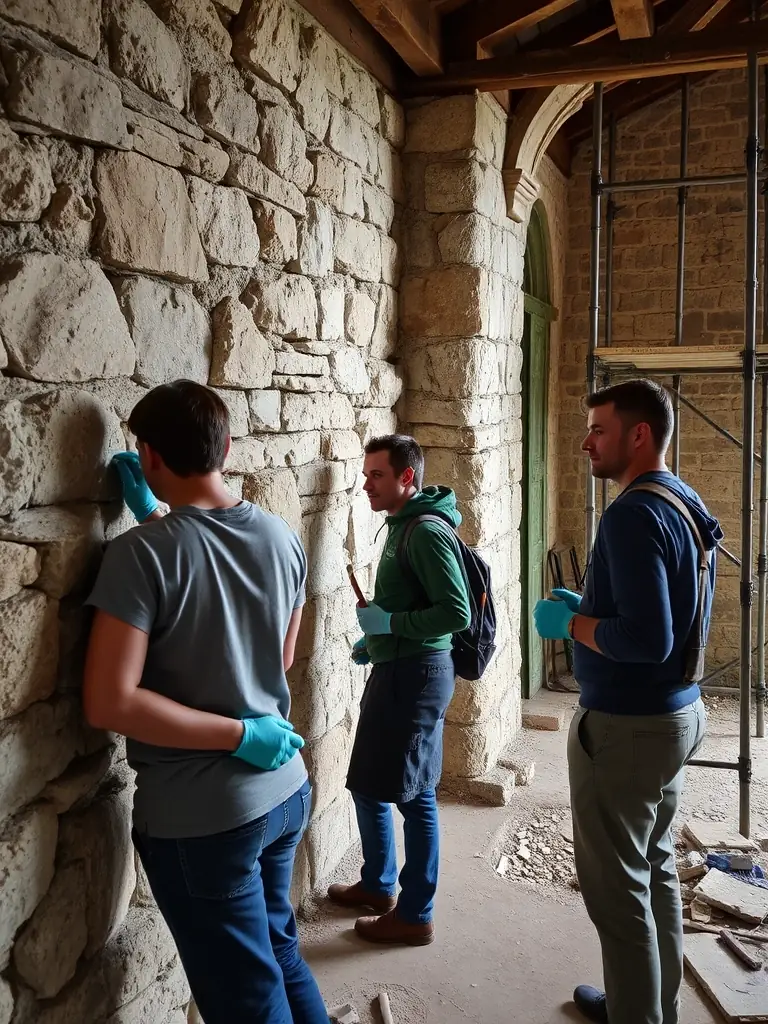 A photograph showcasing a group of volunteers restoring a historical building facade in Angoulême, France, under the supervision of experienced conservationists. The image should convey a sense of dedication and community involvement.
