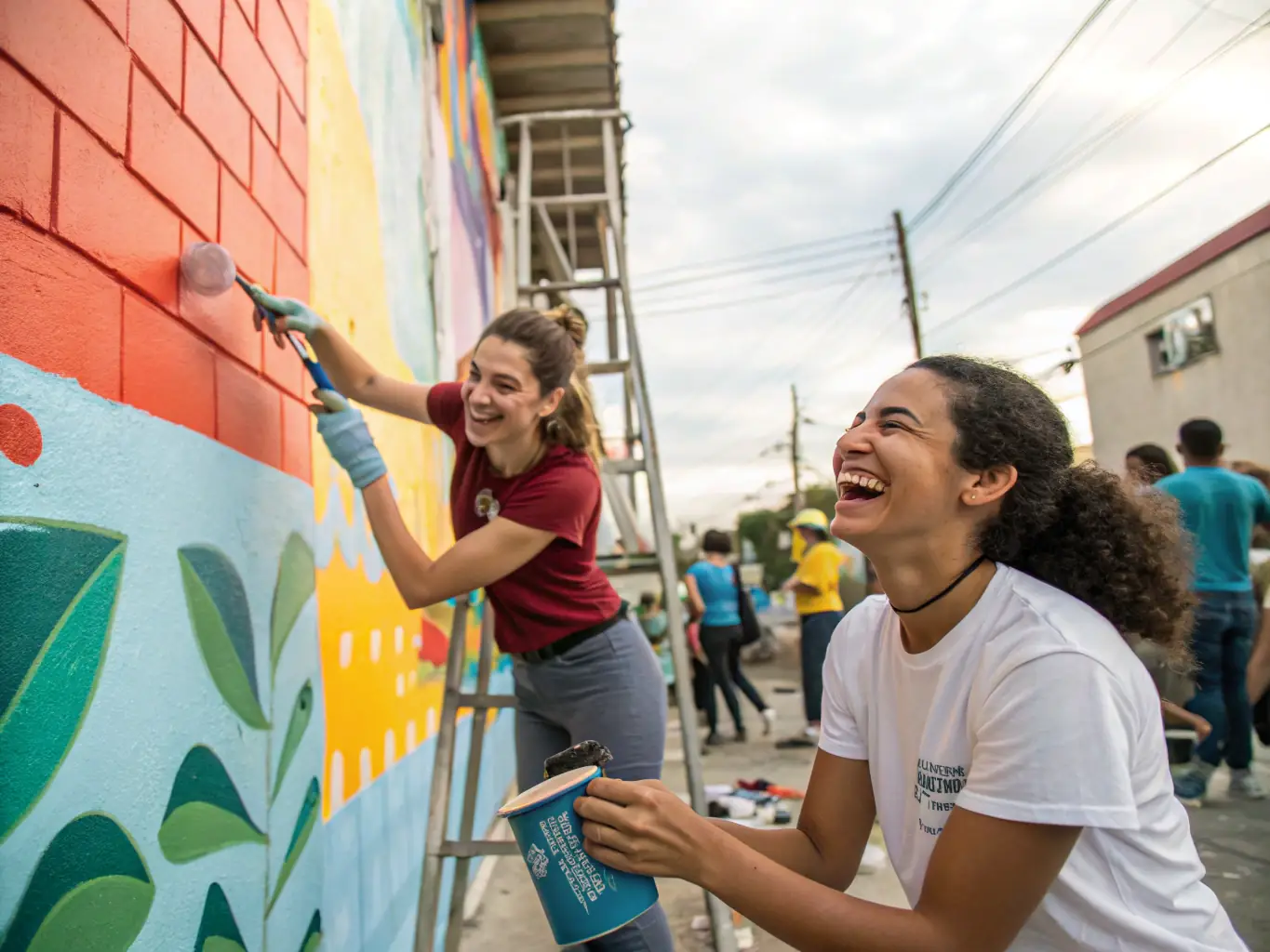 A photo of volunteers working on a community art project, painting a mural that reflects local history and culture.